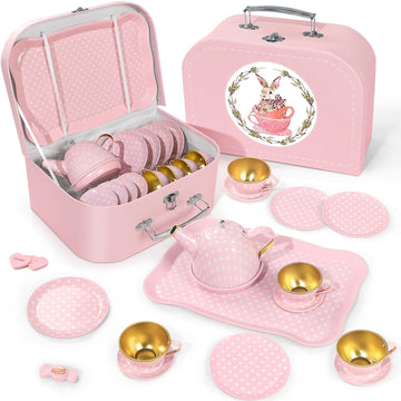 Tea Party Set For Little Girls, Princess Tea Time Toys Including Tin Teapot Set Cups Carrying Case, Toddlers Pretend Role Play K