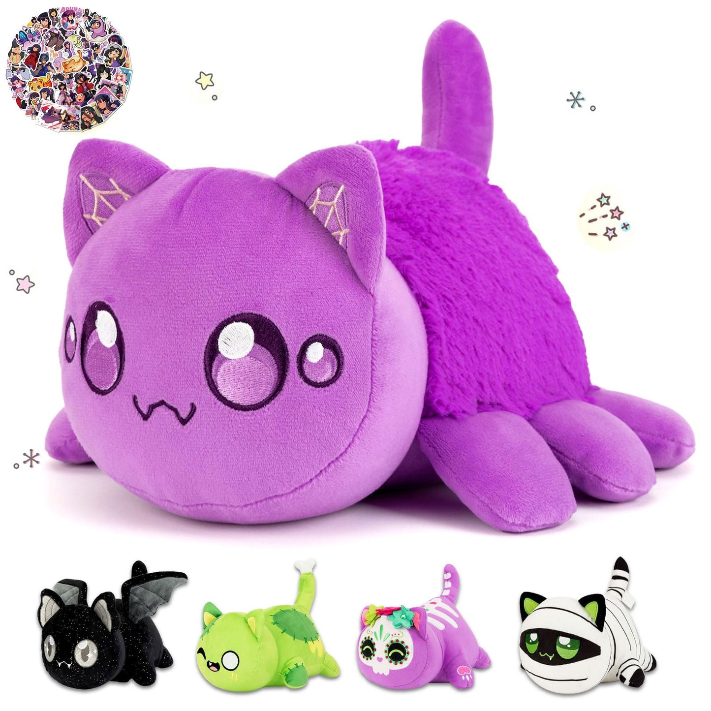 Lccoous 61-Pcs ? 11'' Spider Cat Plush+ 60Pcs Cat Stickers -Meow Cat Plush - Meow Cat Stuffed Animal Collection, Birthday Gift F