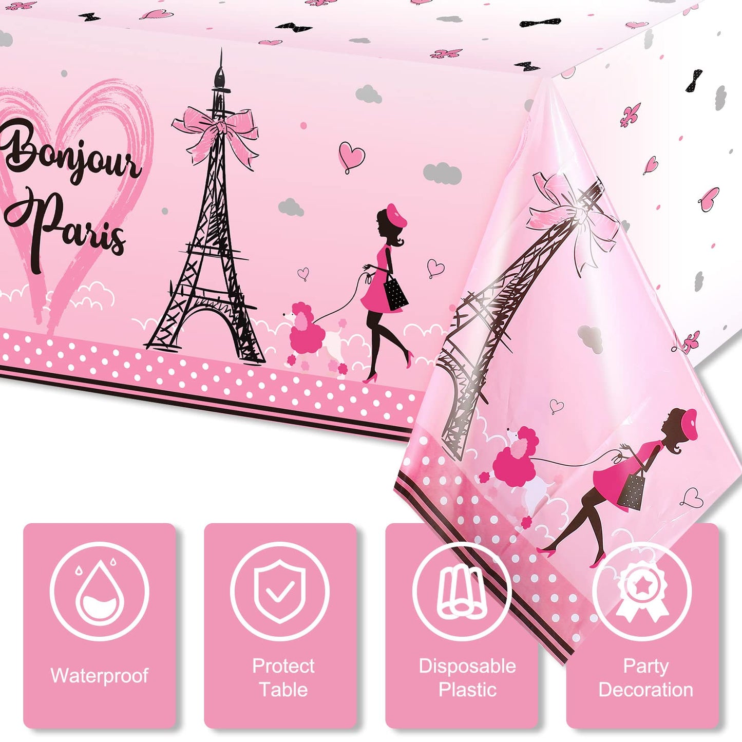 Paris Party Decorations Bonjour Paris Tablecloth Eiffel Tower Plastic Table Covers for Girls Birthday Party Decorations and Supp