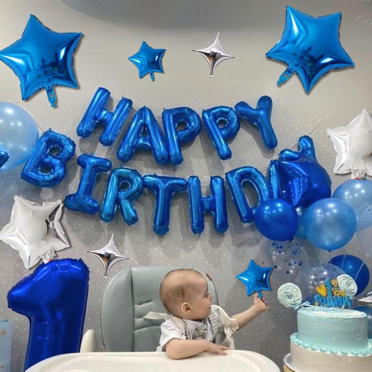 Happy Birthday Balloons Banner, Blue Happy Birthday Foil Balloons 16 Inch Mylar Foil Letter Balloons With 8 Pcs Blue Silver Star