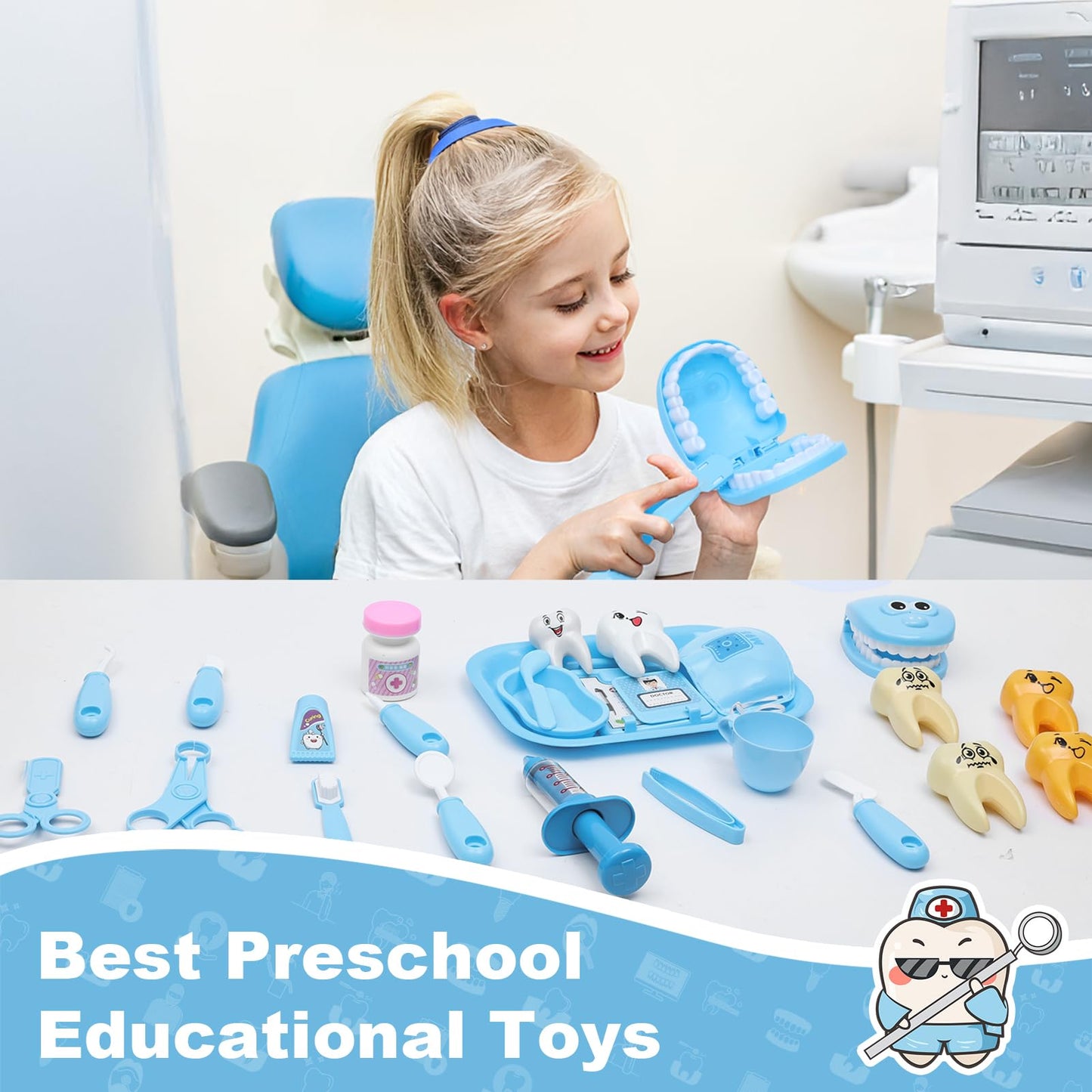 Dentist Play Set with Pretend Play Set of Teeth and Dental Accessories,30 Pieces Toy Doctor Kit for Kids with Medical Bag & Dent