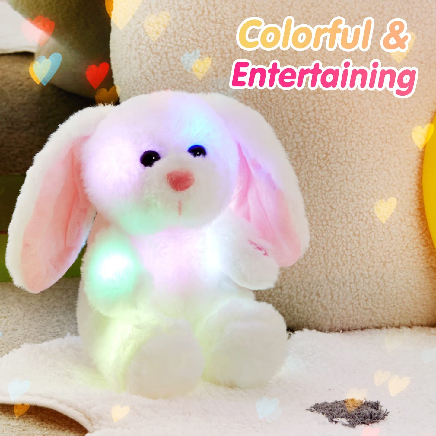Bstaofy 8'' Easter Light Up White Bunny Soft Plush Toy Led Rabbit Lop Ear Night Light Stuffed Animals Easter Birthday Valentines