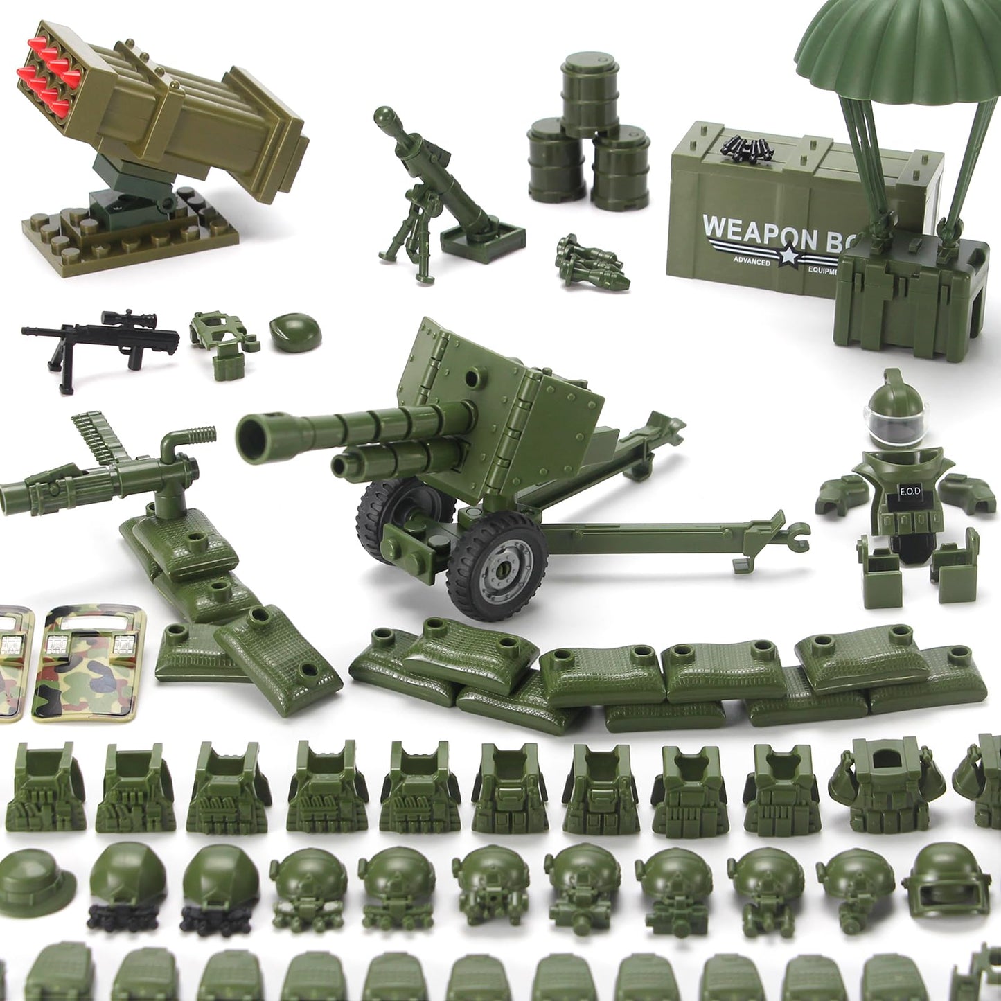 Jungle Green Army Accessories Kit 325 Pcs Military  Pack Gear E.O.D Suit NVD Helmet Shipping Container protective coveringy Building Block Toy for Soldiers Compatible with Major Brands
