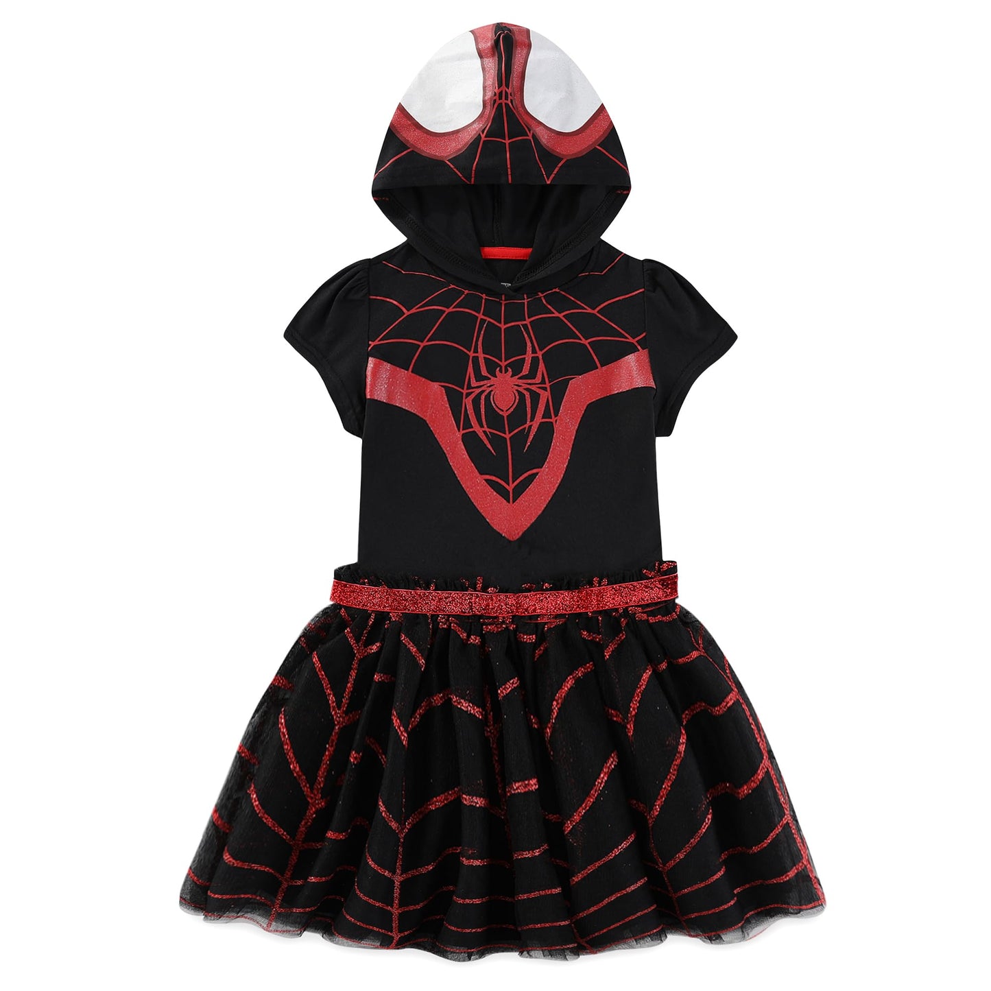 Marvel Miles Morales Spider-Man Girls Hooded Cosplay Tulle Dress For Toddlers