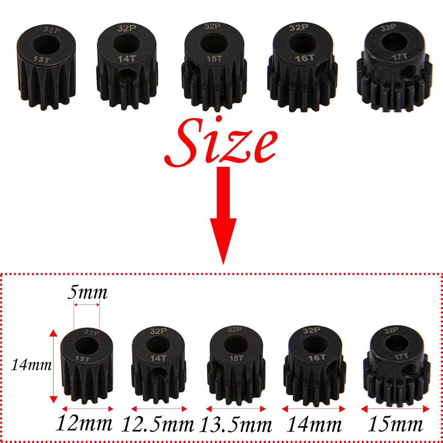 5Pack Sharegoo Steel 32P 5Mm Pinion Gear Sets 13T 14T 15T 16T 17T Fit 5Mm Shaft Compatible With Hpi Kyosho Losi Axial Traxxas Ta