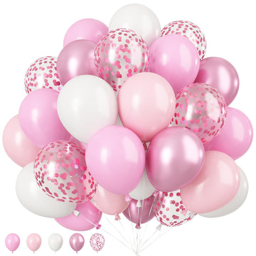 Pink And White Balloons, 12 Inch Pink White Metallic Chrome Pink Confetti Pink Latex Balloons With Ribbon Pink White Party Ballo