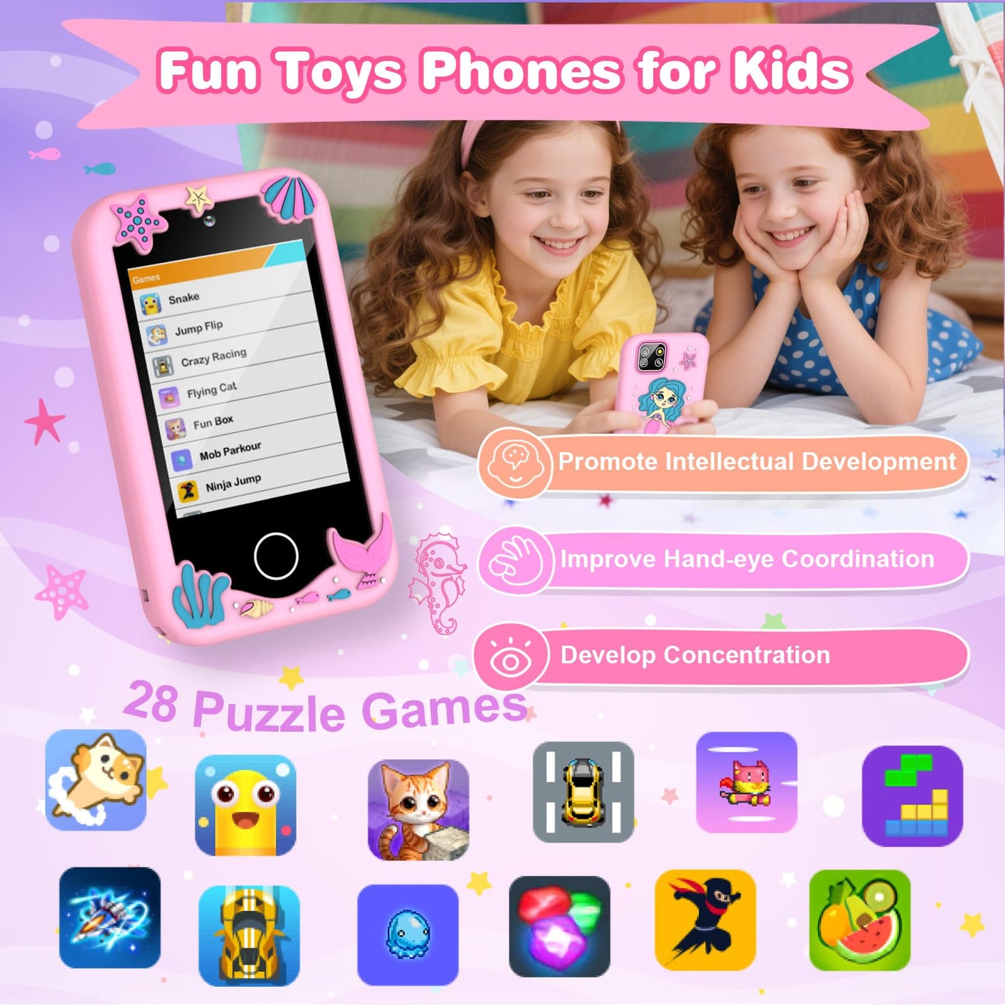 M SANMERSEN Kids Smart Phone - 2.8" Touchscreen, 32G SD Card, Dual Camera, 28 Games, Music Player - Light Pink, Age 3-10