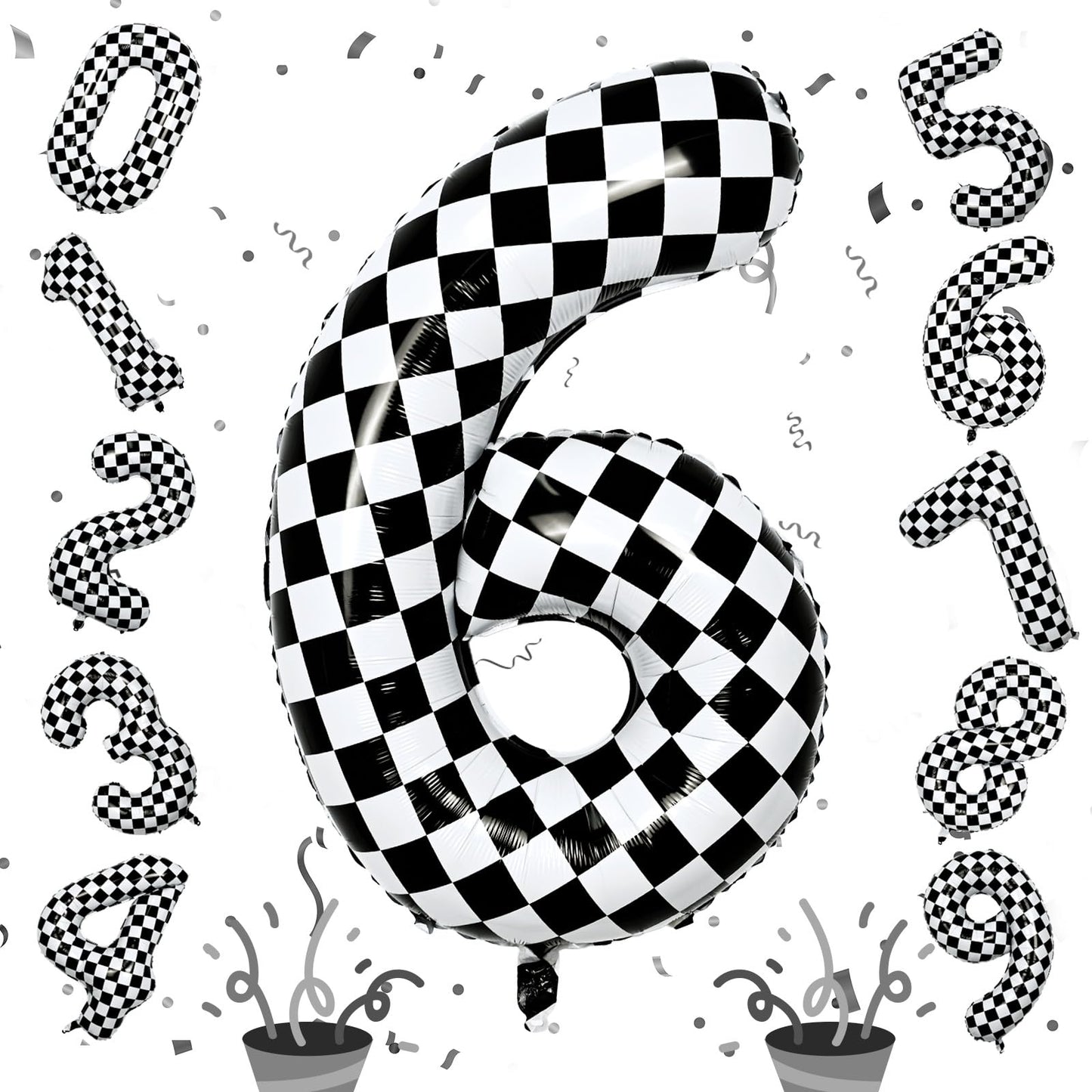 Giant Number Balloons 6, Black And White Checkered Self Inflating 0-9 Set Number Balloon For Kids, 40 Inch Foil Helium Racing 6