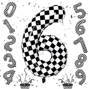 Giant Number Balloons 6, Black And White Checkered Self Inflating 0-9 Set Number Balloon For Kids, 40 Inch Foil Helium Racing 6