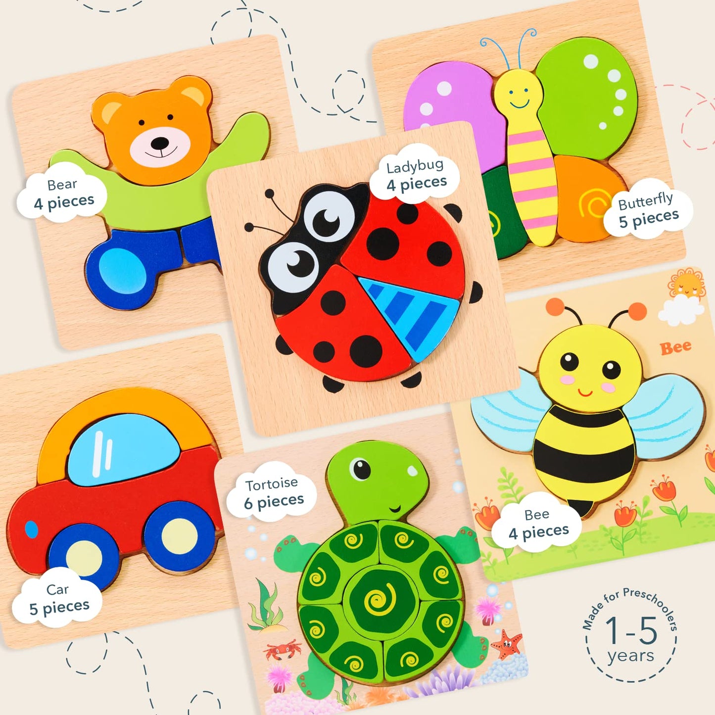 Magifire Wooden Puzzles For Toddlers 1-3, Set Of 6 Montessori Toys, 1 Year Old Wood Puzzles For Baby Boys Girls, Large Pieces Safe For Kids, Includes Storage Bag And Giftable Box