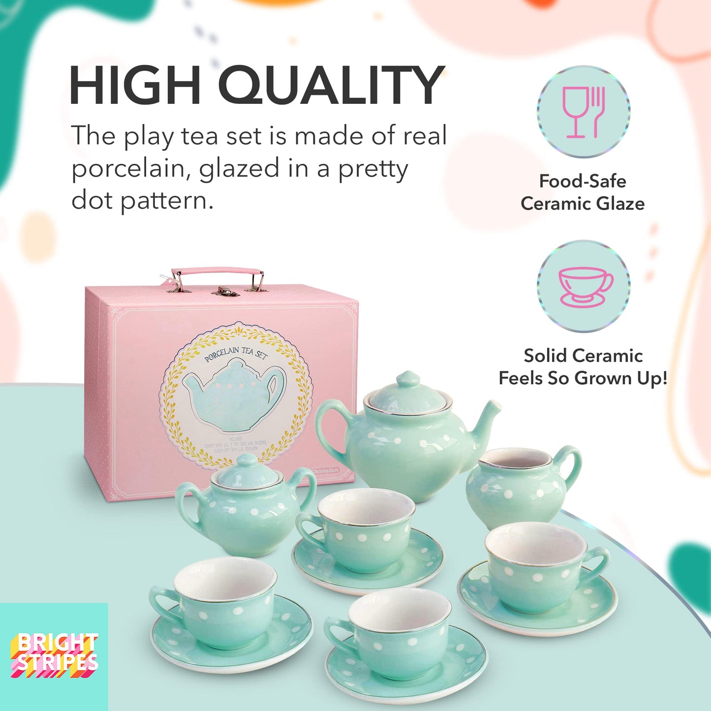 Bright Stripes 13 Piece Porcelain Tea Set for Little Kids, Kids Pretend Play Toys with Carry Case for Tea Party Fun, Perfect for