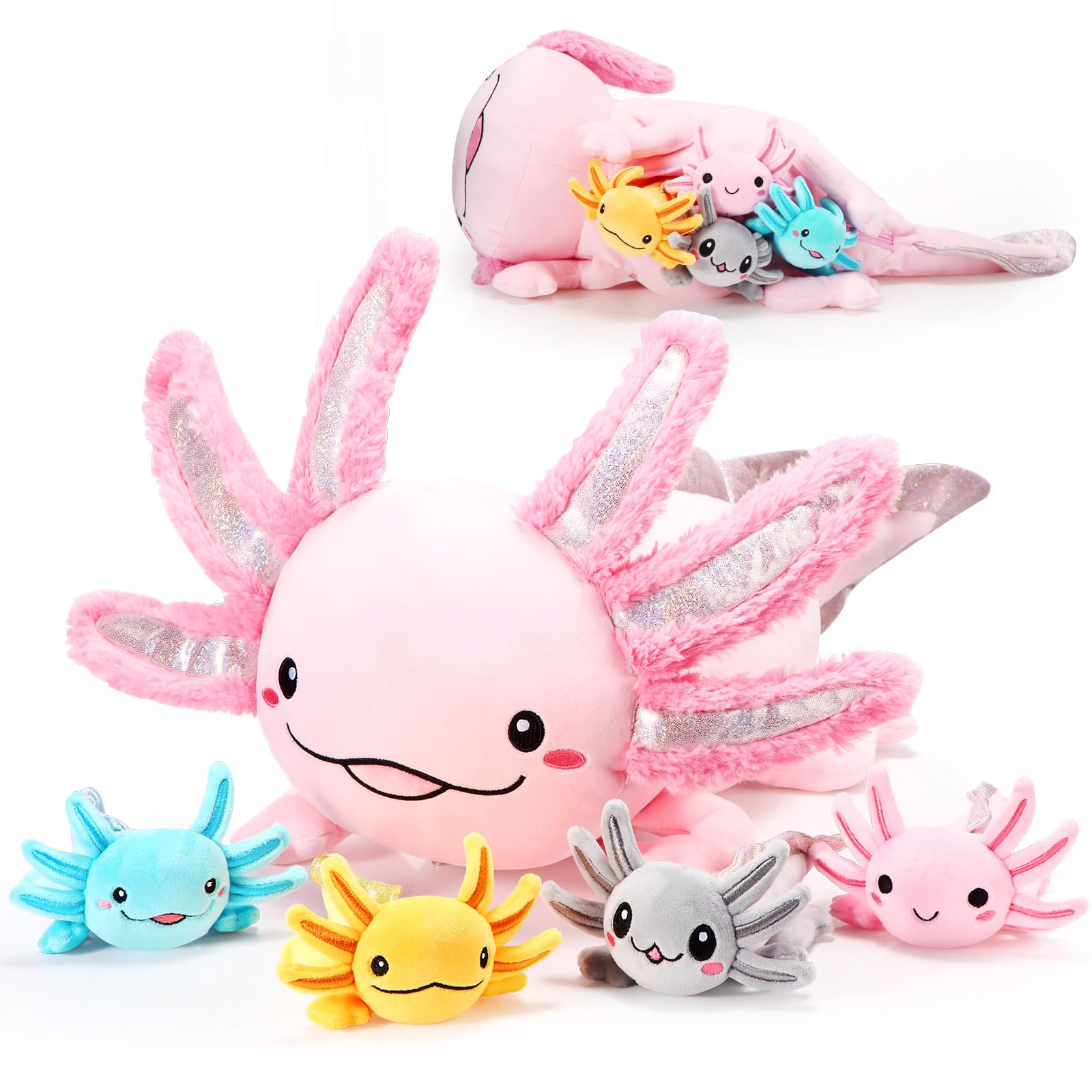 Aoriher 5 Pcs Axolotl Plush Set 24 Inch Mommy Axolotl Stuffed Animal With 4 Cute Plush Babies In Belly Soft Cuddly Plushie For Kids Sleeping Birthday Graduation Gift Party Favors(Pink)