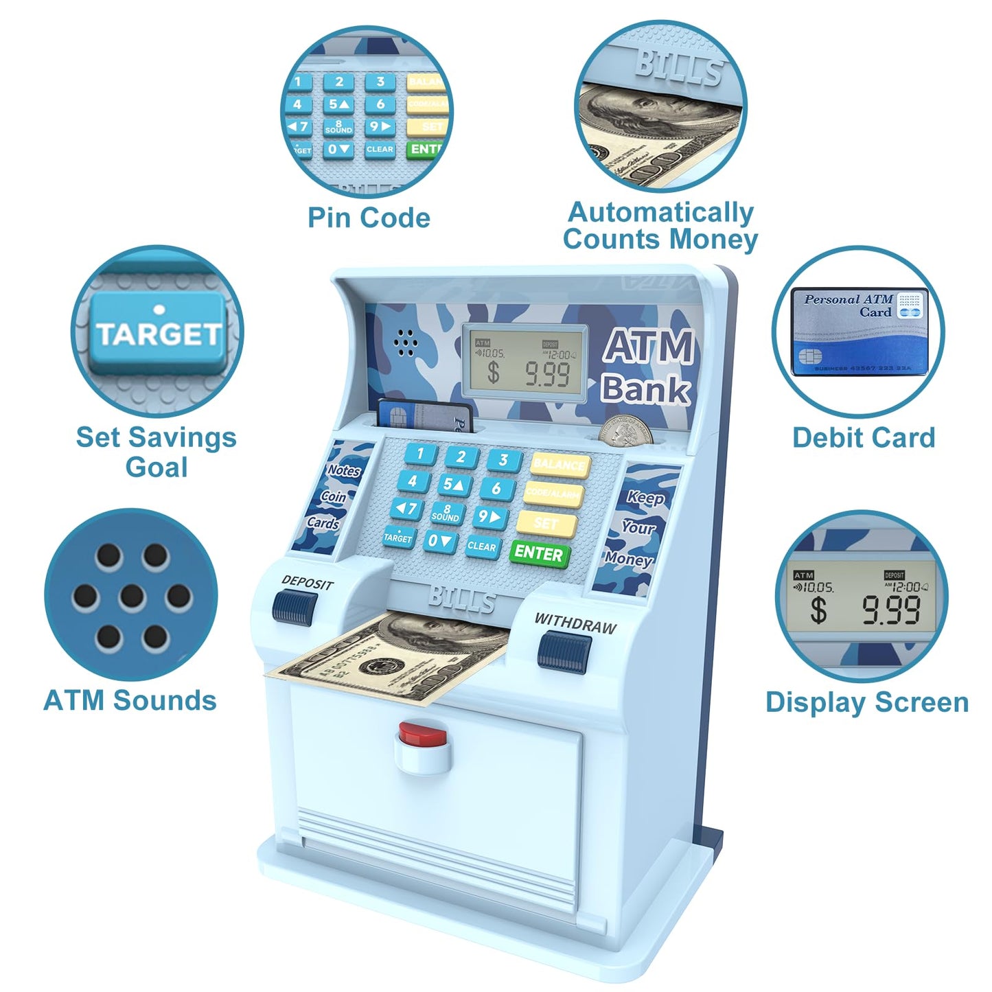 Electronic Piggy Bank For Kids Large Size Upgrade, Kids Banks For Real Money, Cash Coin Can Atm Bank, Toys For Ages 6-13 Piggy Bank,Christmas Idea Gifts (Blue Camo, Large)