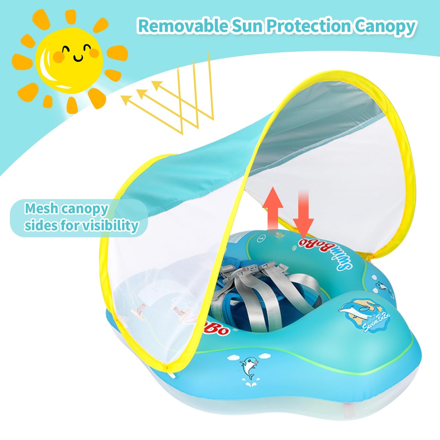 Free Swimming Baby Inflatable Swim Float with Sun Canopy, Small, Blue, PVC, Model 6013, for Ages 3-36 Months