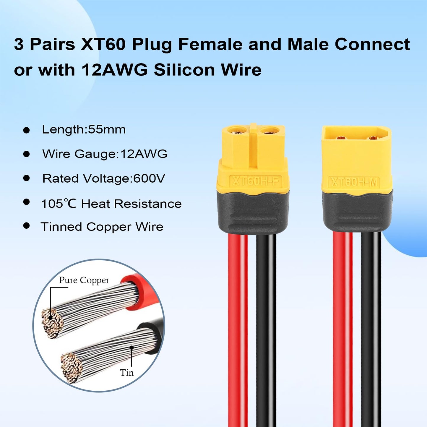 MOOKEERF 3 Pairs XT60 Plug Female and Male Connector with 55mm 12AWG Silicon Wire for RC Lipo Battery FPV Racing Drone