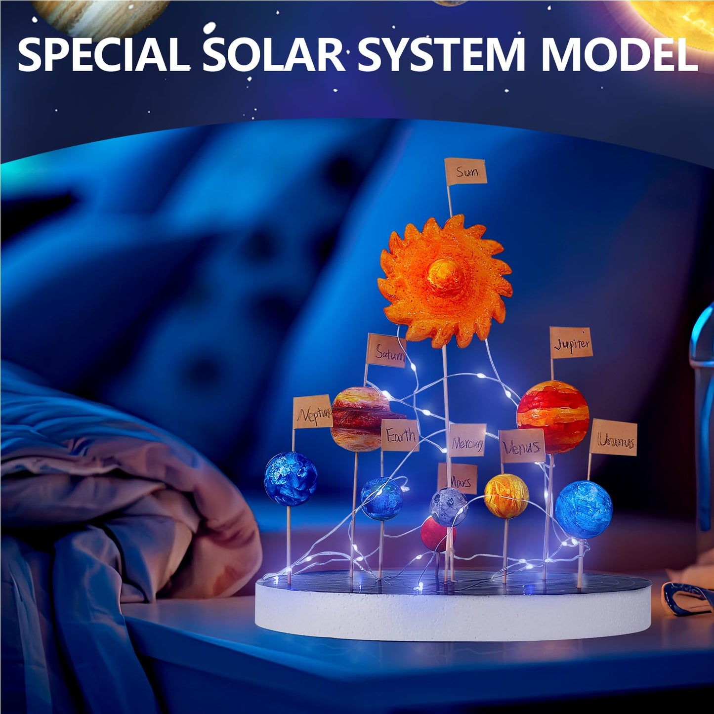 Pllieay Solar System Model Kit, Includes Small Light String, Foam Cylinder, Mixed Sized Foam Balls, Planetary Track Sticker And