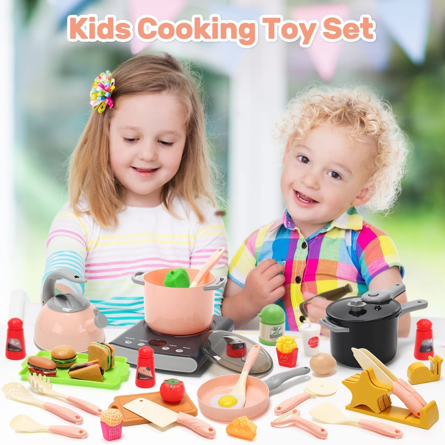 CUTE STONE Play Kitchen Accessories Set, Kids Cooking Toys Set with Play Pots and Pans, Electronic Induction Cooktop with Sound