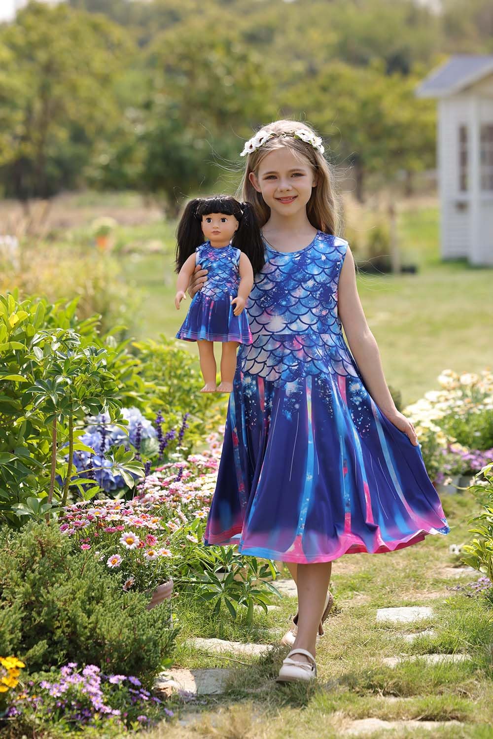 Bow Dream Girl Dress and Matching American Girl Doll Clothes Accessories Rainbow Mermaid Unicorn Size 150