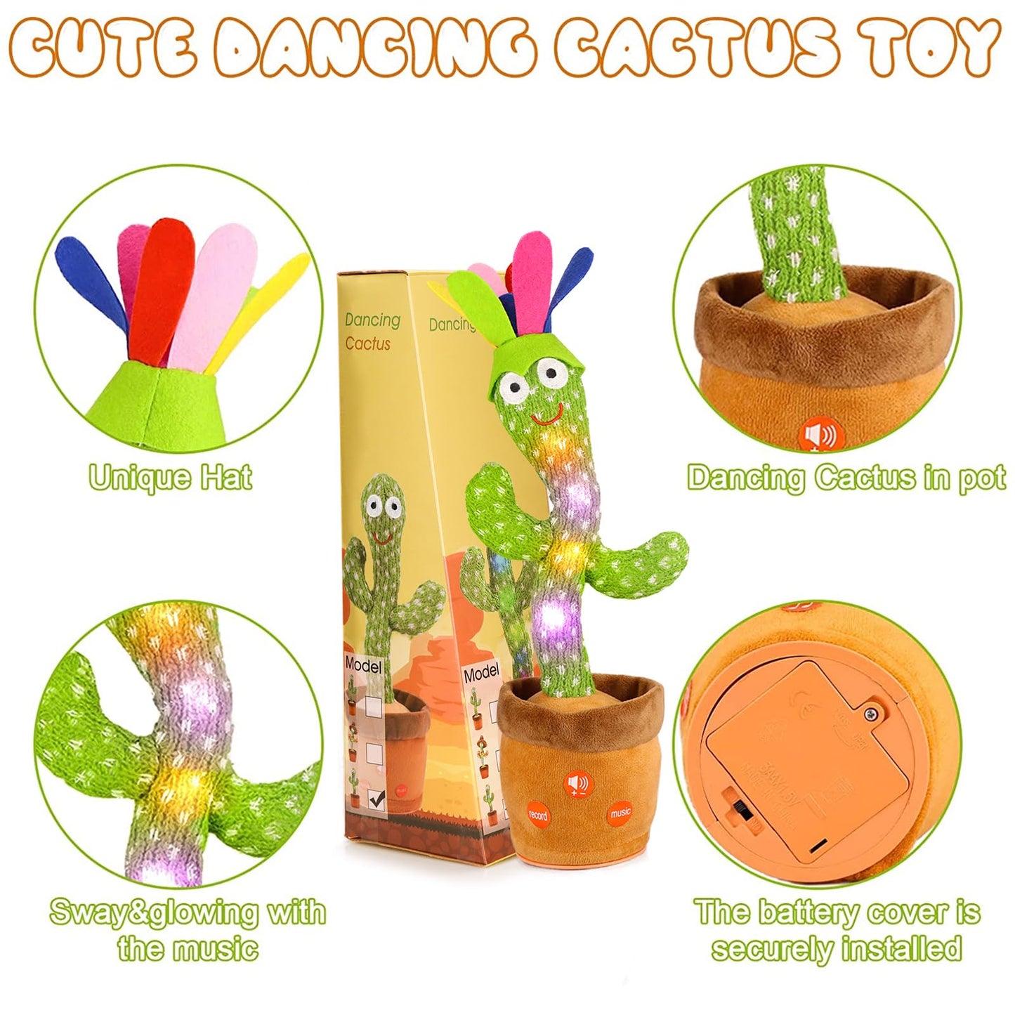 Emoin Dancing Cactus With Flower, Talking Cactus Baby Toy Repeating What You Say Glowing Singing Mimicking Recording Interactive