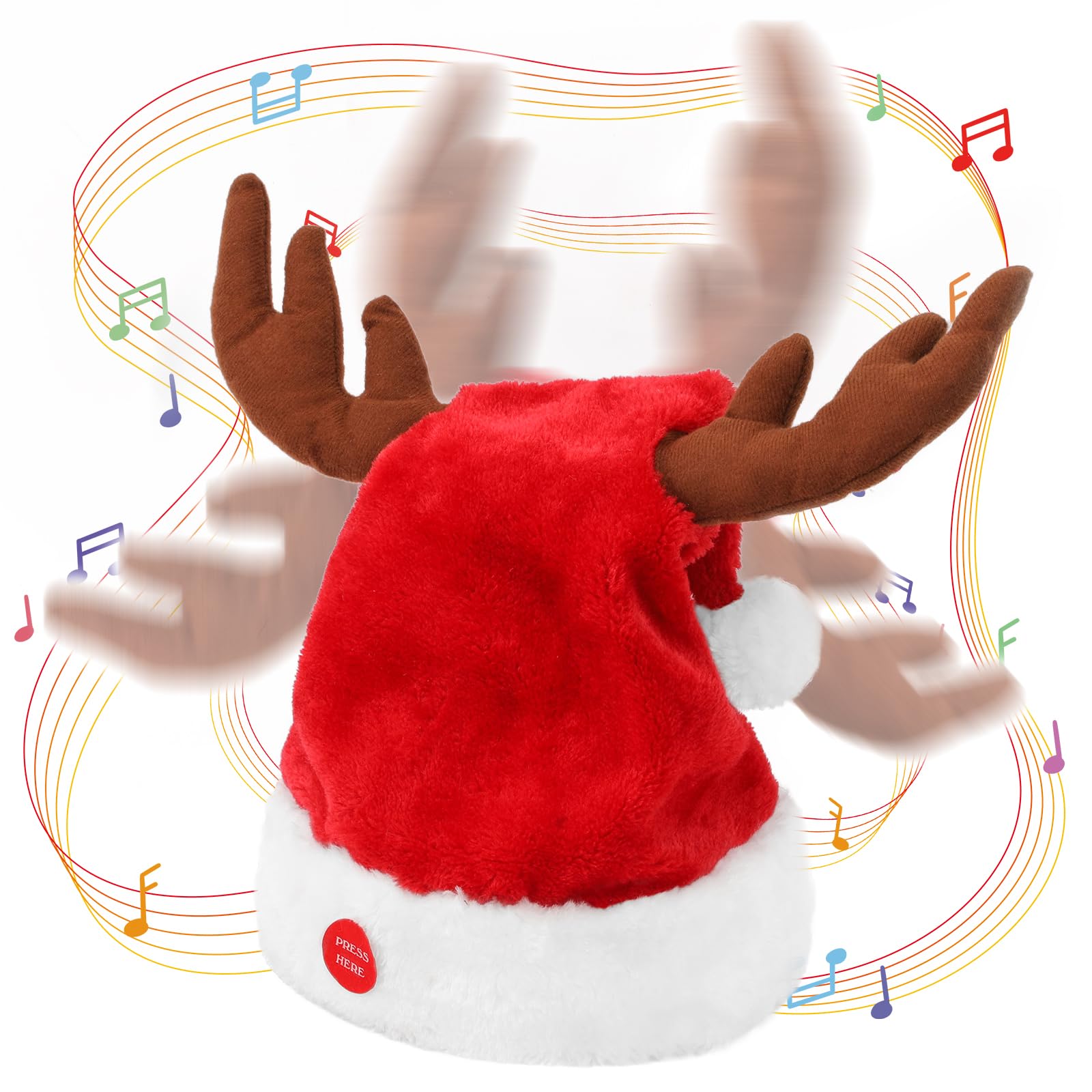 Gfilay Singing and Dancing Electric Santa Hat with Reindeer Antlers - Funny Novelty Musical Interactive Swinging Christmas Hats 