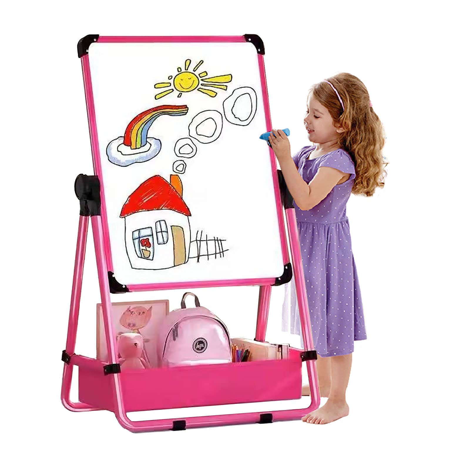 Kids Art Easel With 29.5Inch-44Inch Height Adjustable Whiteboard&Chalkboard Double Sided Easel 360Rotating Art Easel For Kids Pi