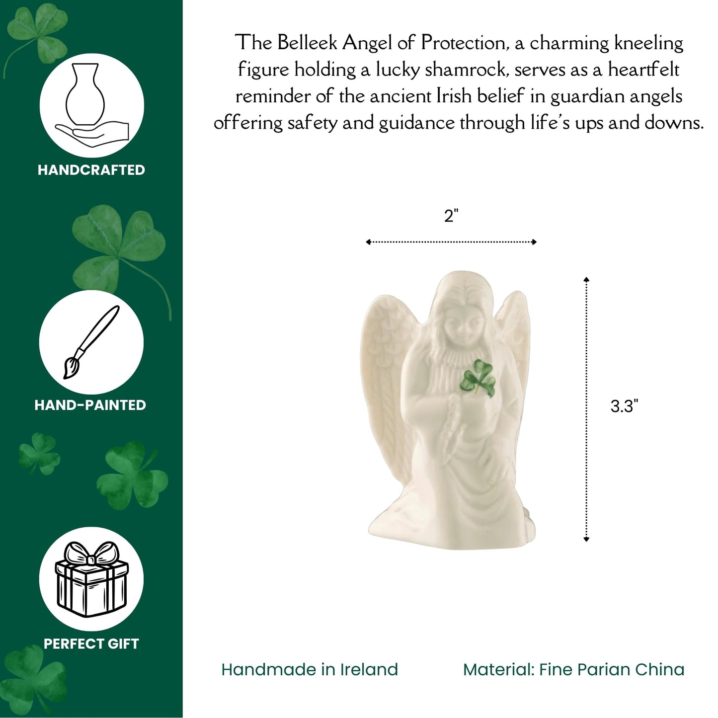 Belleek Angel Of Protection - Handcrafted Guardian Angel Figurine Porcelain Irish Decor, 2.16'L X 2.08'W X 3.3'H, White