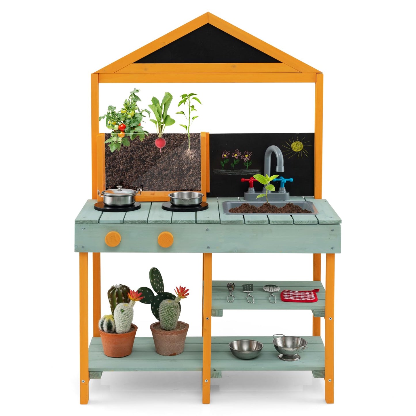 Costzon Mud Kitchen, Wooden Kids Kitchen Playset With See-Through Planter Box, Blackboard, Stoves, Sink & Faucet, Cooking Access