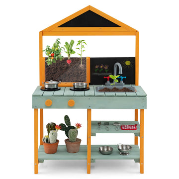 Costzon Mud Kitchen, Wooden Kids Kitchen Playset With See-Through Planter Box, Blackboard, Stoves, Sink & Faucet, Cooking Access