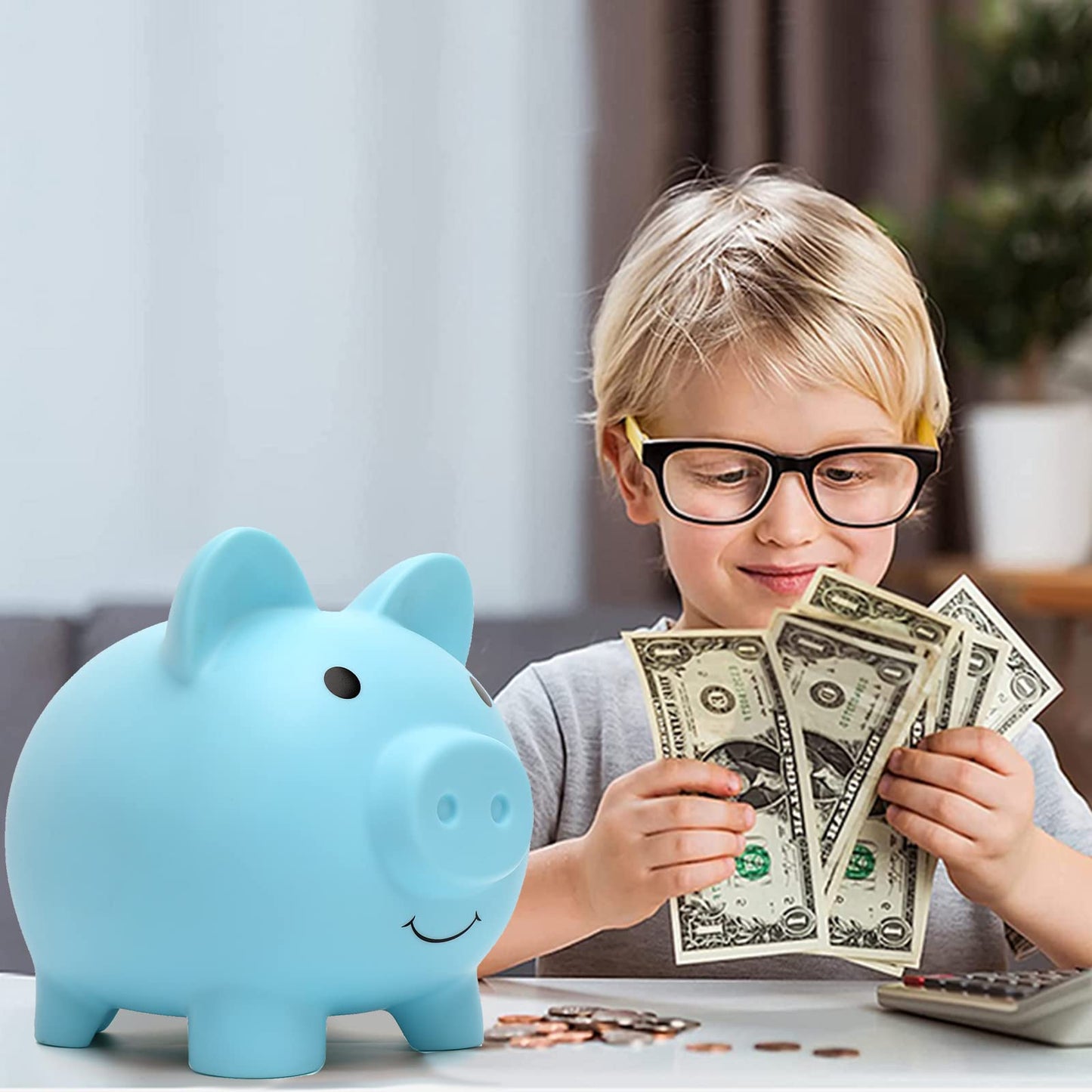 Cute Piggy Bank, Coin Bank For Boys And Girls, Children'S Plastic Shatterproof Money Bank,Children'S Toy Gift Savings Jar (Large Blue)