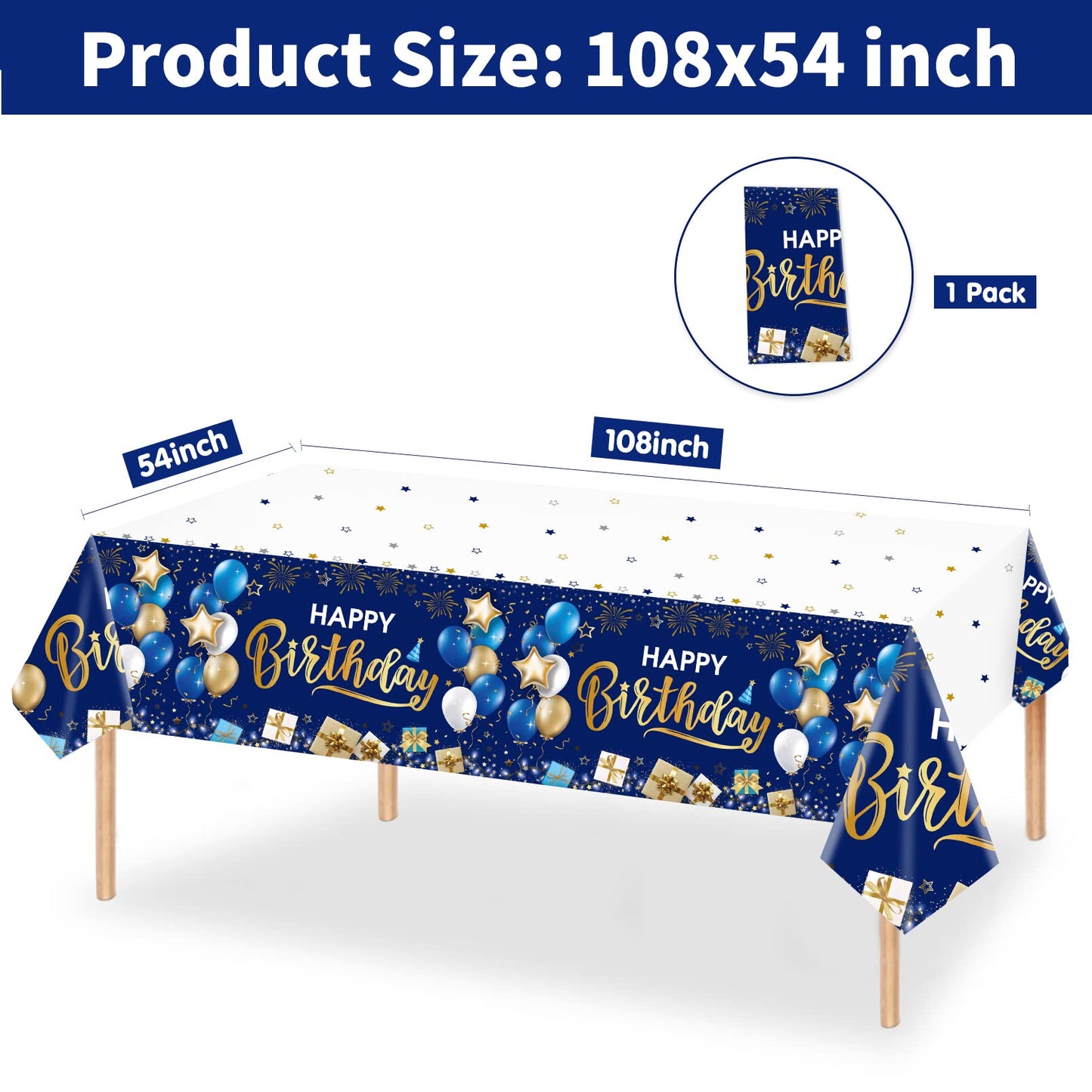 DUAIAI Happy Birthday Decorations, 1 Pcs Navy Blue and Gold Birthday Tablecloth for Boys Girls Men Women, Plastic Disposable Rec