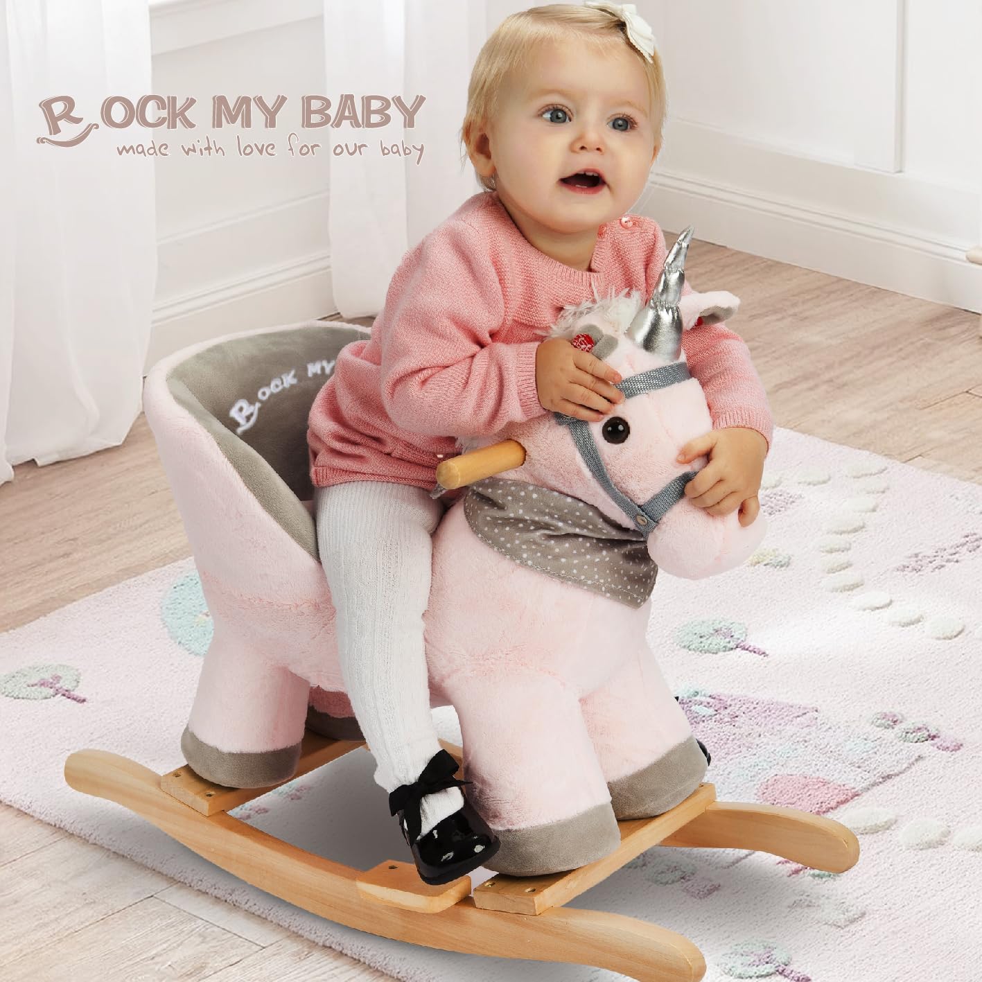 Rock My Baby Rocking Horse With Chair, Pink Unicorn Pony Rocker With Realistic Unicorn Music. Rocking Animal. Wooden Rocking Hor
