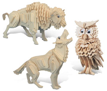 Puzzled Bundle Of Owl, Wolf And Buffalo Wooden 3D Puzzle Construction Kits, Fun Unique And Educational Diy Wild Animals Toys Assemble Model Unfinished Wood Craft - 3 Pack