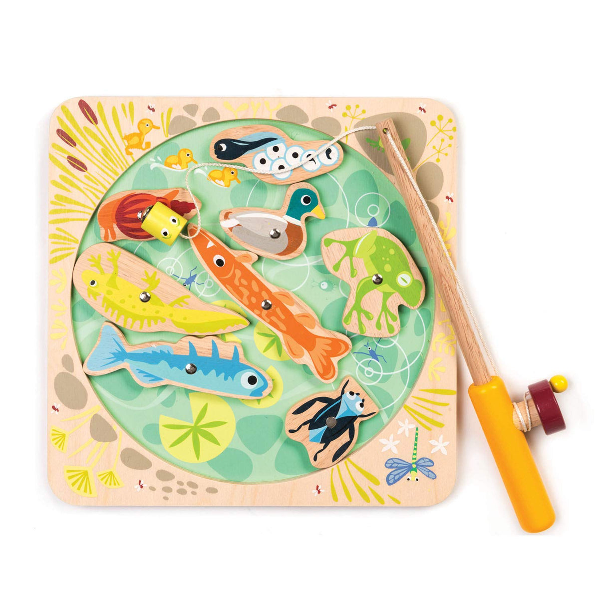 Tender Leaf Toys  Pond Dipping  Wooden Magnetic Fishing Toy for Kids  Length Adjustable Fishing Rod and 8 Pond Animals with N