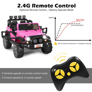 Costzon 2-Seater Ride On Truck, 12V Battery Powered Electric Vehicle Toy W/Remote Control, 3 Speed, Led Lights, Mp3, Horn, Music, 2 Doors Open, Spring Suspension, Ride On Car For Kids (Pink)