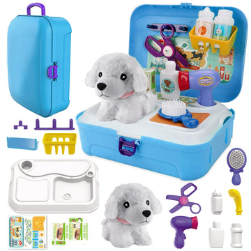 TEUVO Pet Care Playset, 16Pcs Kids Doctor Kit with Plush Dog & Backpack for Dog Grooming & Feeding, Pet Doctor Pretend Play Toys