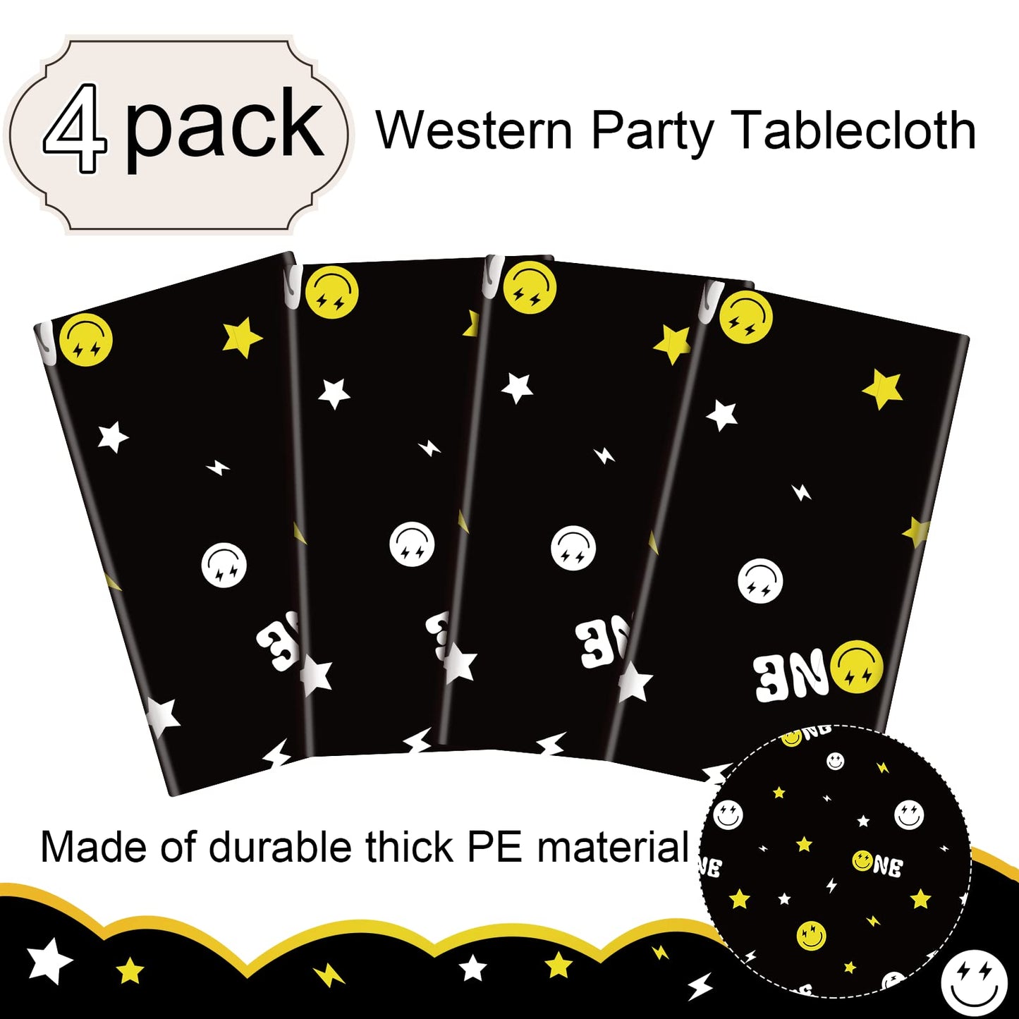 4 Pieces One Happy Dude Party Decoration Tablecloths 54 x 108 Inch Black Rectangle Plastic Smile Face Tablecloth One Happy Dude