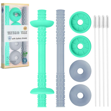 Giftty Teething Tube With Safety Shield - Baby Hollow Teether Sensory Toys & Gum Massager For 3-12 Months Boys Girls, Bpa-Free F
