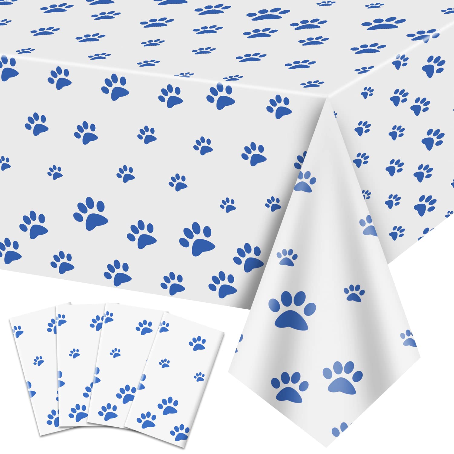 QUERICKY 4 Pack Puppy Paw Print Tablecloths, 51x87 Plastic Disposable Table Cover for Pet Themed Party Decorations for Cat Dog