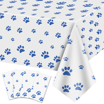 QUERICKY 4 Pack Puppy Paw Print Tablecloths, 51x87 Plastic Disposable Table Cover for Pet Themed Party Decorations for Cat Dog