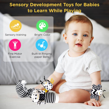 Infant Toys 0-6 Months, Newborn Baby Toys Rattle Socks | 4Pcs Wrist Rattles Foot Finders Sock Set - Newborn/Babies Essentials Mu