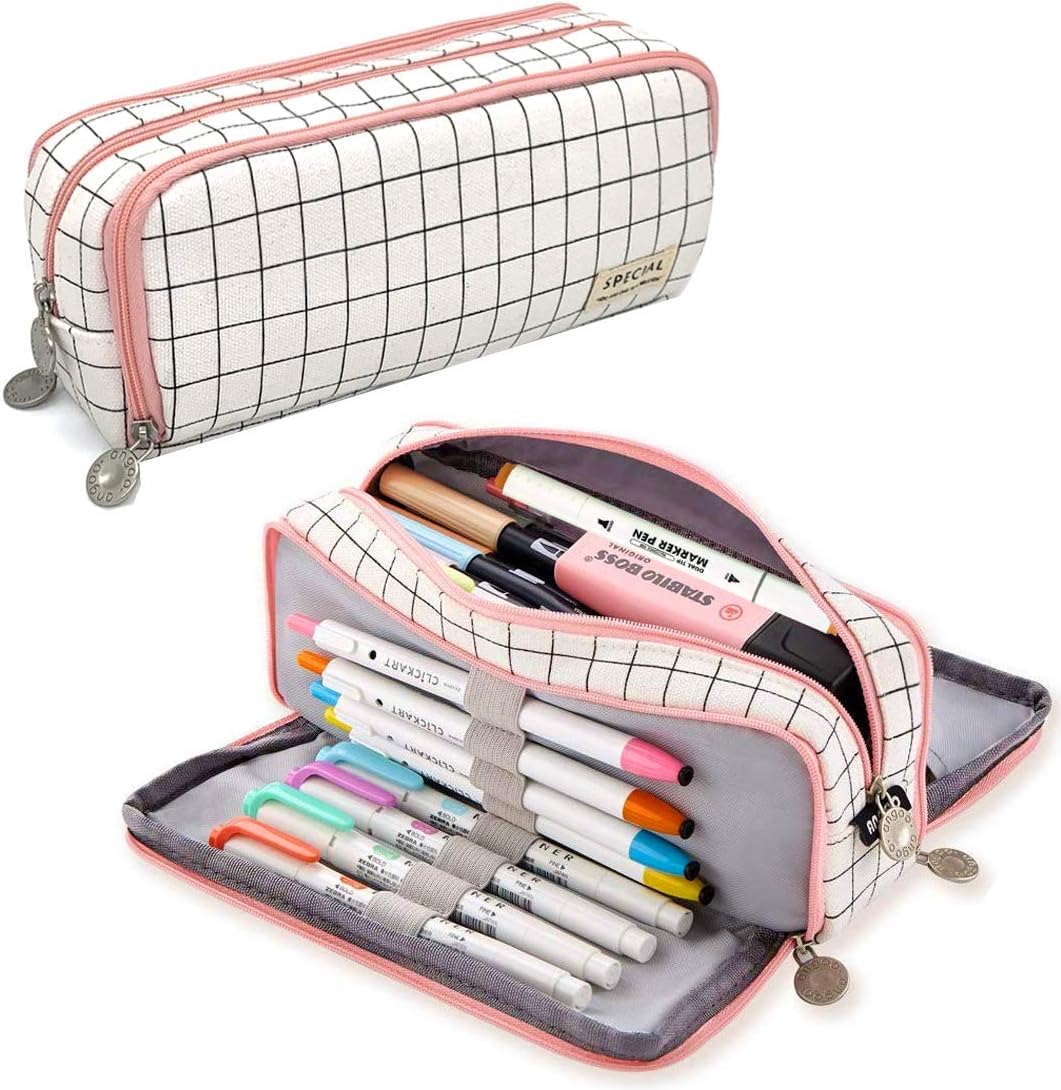 Finemoe Canvas Large Capacity Pencil Box For Girls&Boys,3 Compartments Pen&Pencil Pouches,Aesthetic Stationery Pouch For School