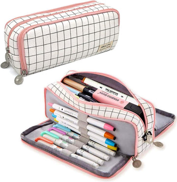 Finemoe Canvas Large Capacity Pencil Box For Girls&Boys,3 Compartments Pen&Pencil Pouches,Aesthetic Stationery Pouch For School