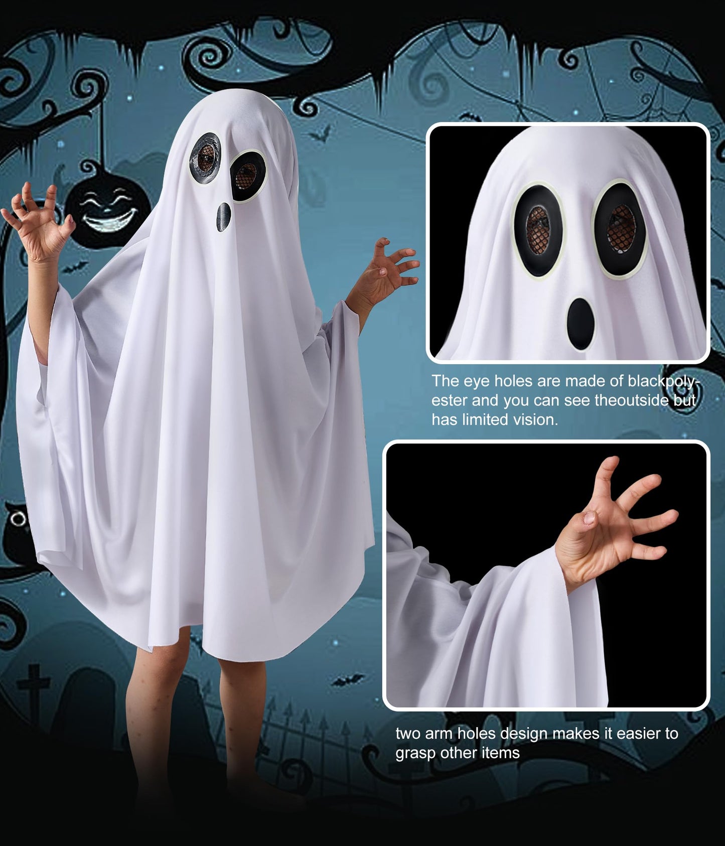 THDZS Unisex Boys and Girls Ghost Costume,Halloween Fancy Dress,White Boo Ghost Cloak Cape Cosplay Costume Halloween Costume