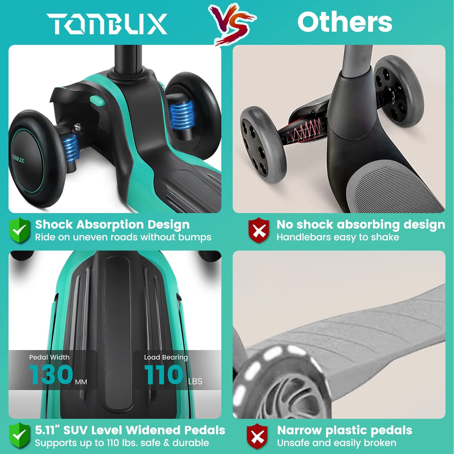 TONBUX Kids Scooter - 3-Wheel, Adjustable Height, Light Up, Shock Absorption, Green, Age 3-12, Model HU-XI-152