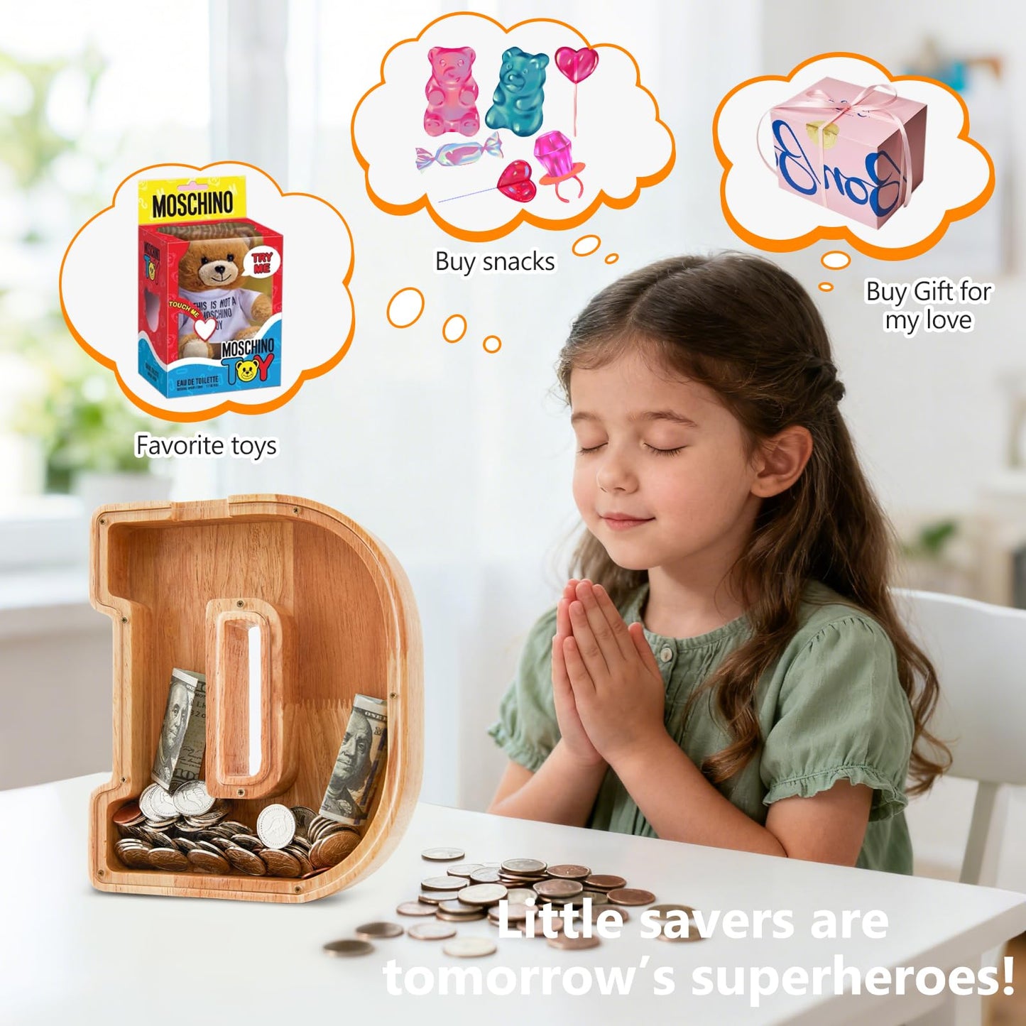 Wooden Letter Piggy Bank for Kids  Initial Coin Bank for Boys and Girls  First Name Personalized Savings Bank for Birthday Boys Girls Gift Piggy Bank for Kids (Wood  S9-D)