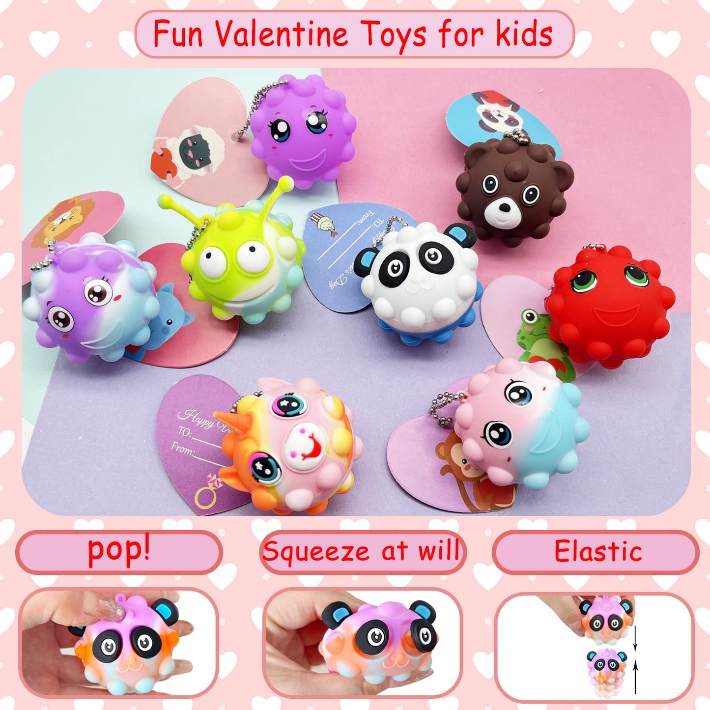 Valentines Day Gifts for Kids,30 Valentines Day Cards for Kids Classroom with 30 Pack Pop Fidget Ball,Party Favors for Kid, Exch