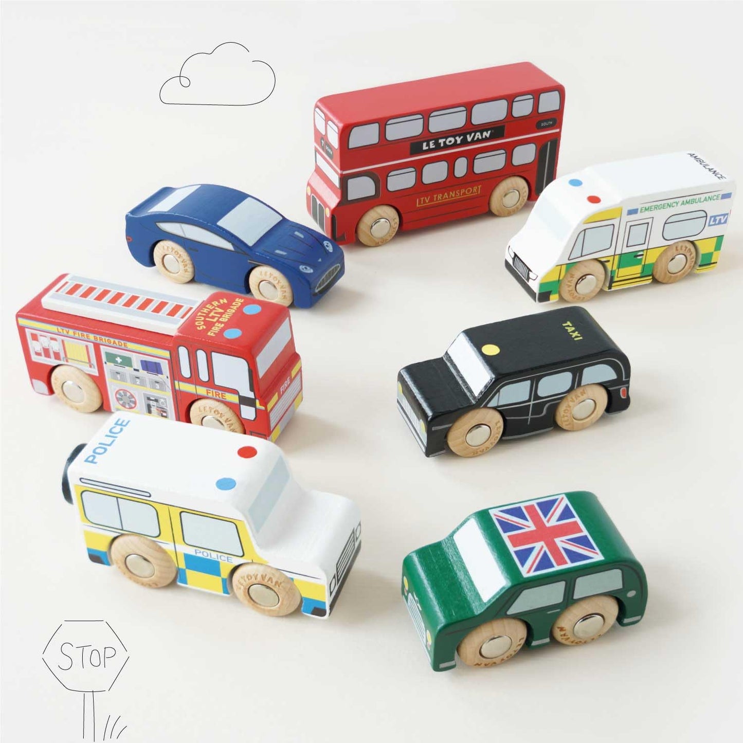 Le Toy Van London Car Set - Premium Wooden Toys for Kids, 7-pack, Multi Colored, Ages 3+, Model TV267
