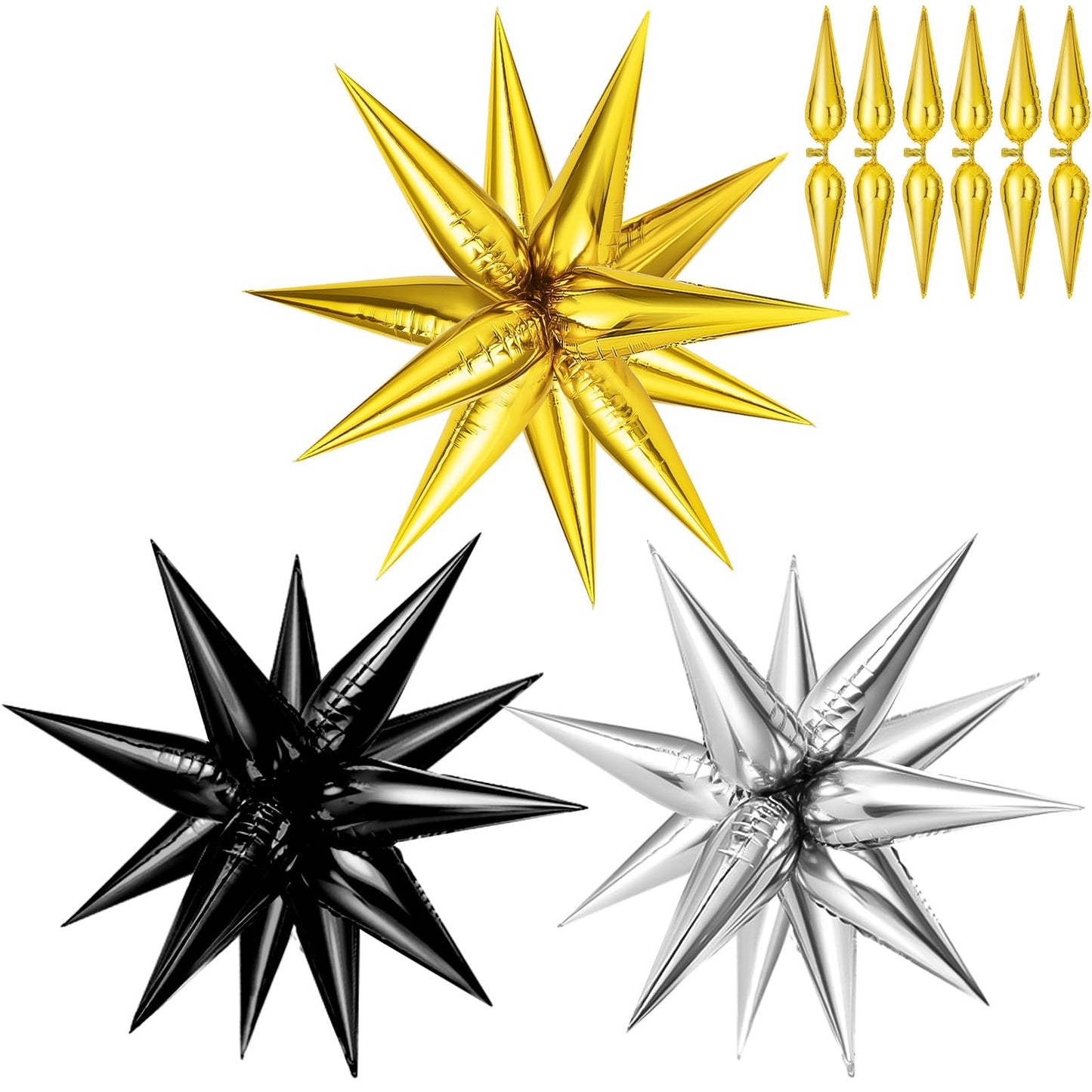 Black Gold Silver Metallic Star Balloons, 36 Pcs Big 25 In Explosion Star Foil Balloons, Starburst Cone Mylar Balloons, Spike Ba