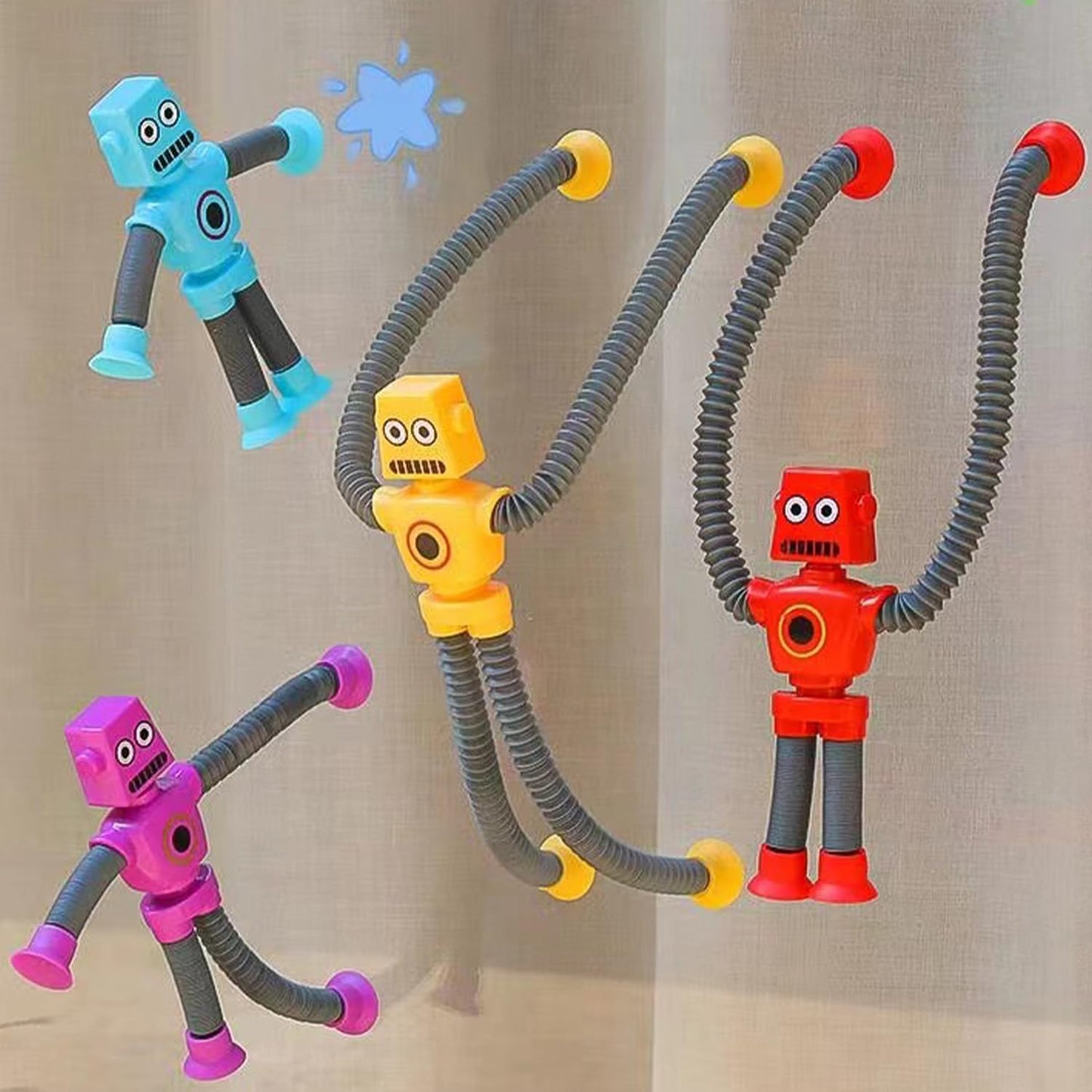 Limpskys Suction Cup Robot Toy, 4 Pack, Medium, Plastic, Multiple Colors, Sensory Toys for Kids Ages 3-7, Autism Friendly