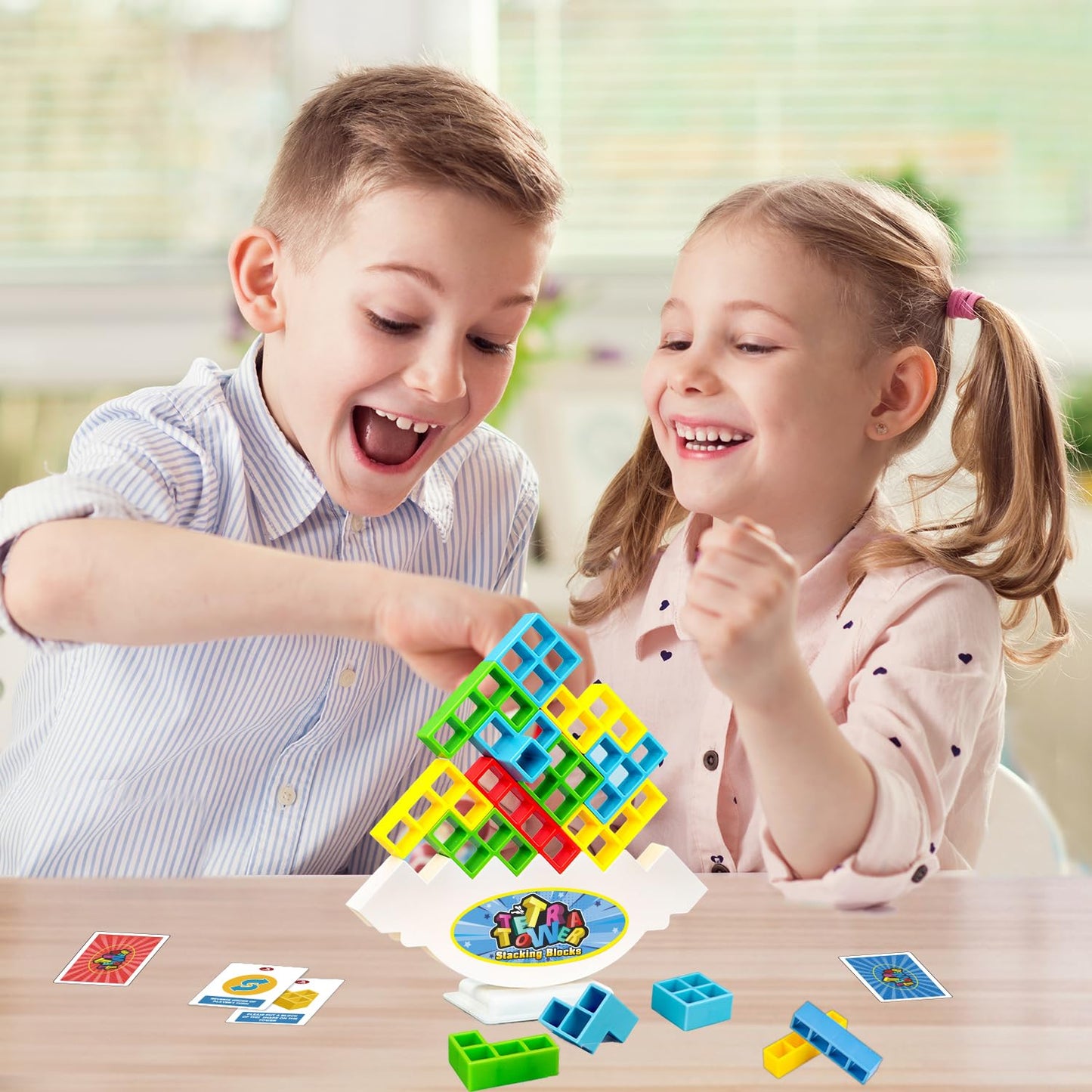 Sylmifoi Tetra Balancing Stacking Tower Toys - 48PCS Plastic Game for Kids & Adults, Team Building, Blue/Red/Green/Yellow, Storage Bag Included